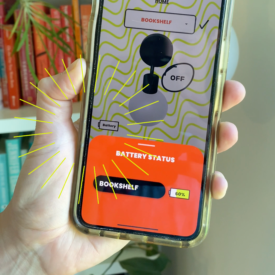 Smartphone displaying battery status for bookshelf device at 60% charge with colorful user interface.