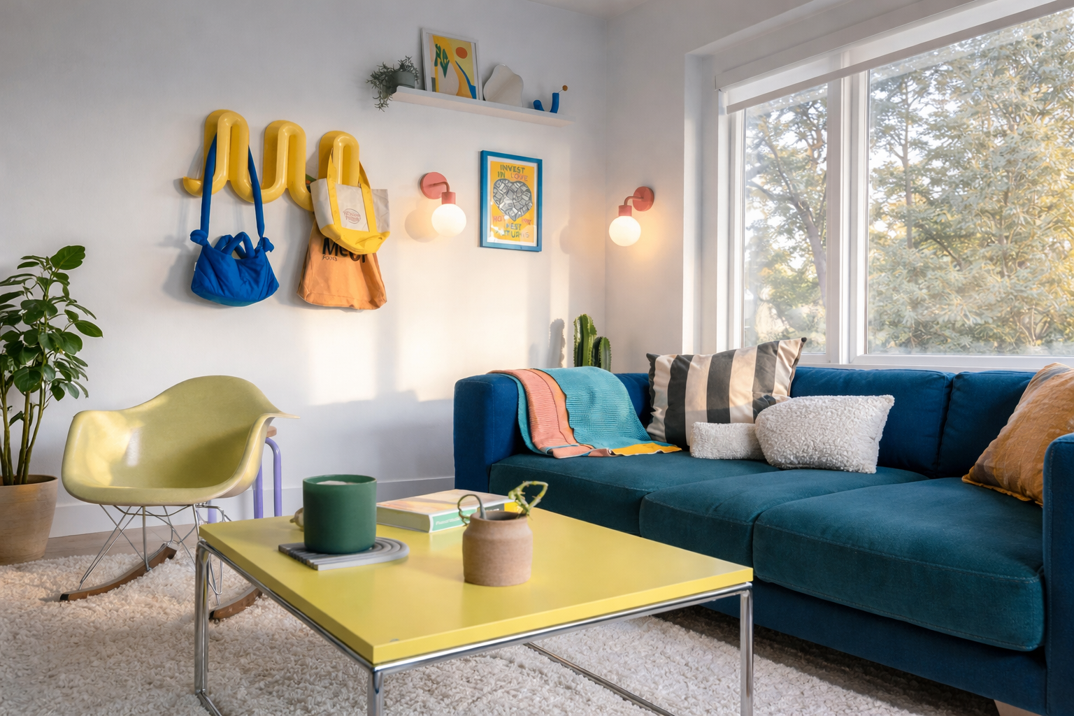 Apartment living room with natural light from the big window, blue sofa and a rechargeable wall sconces