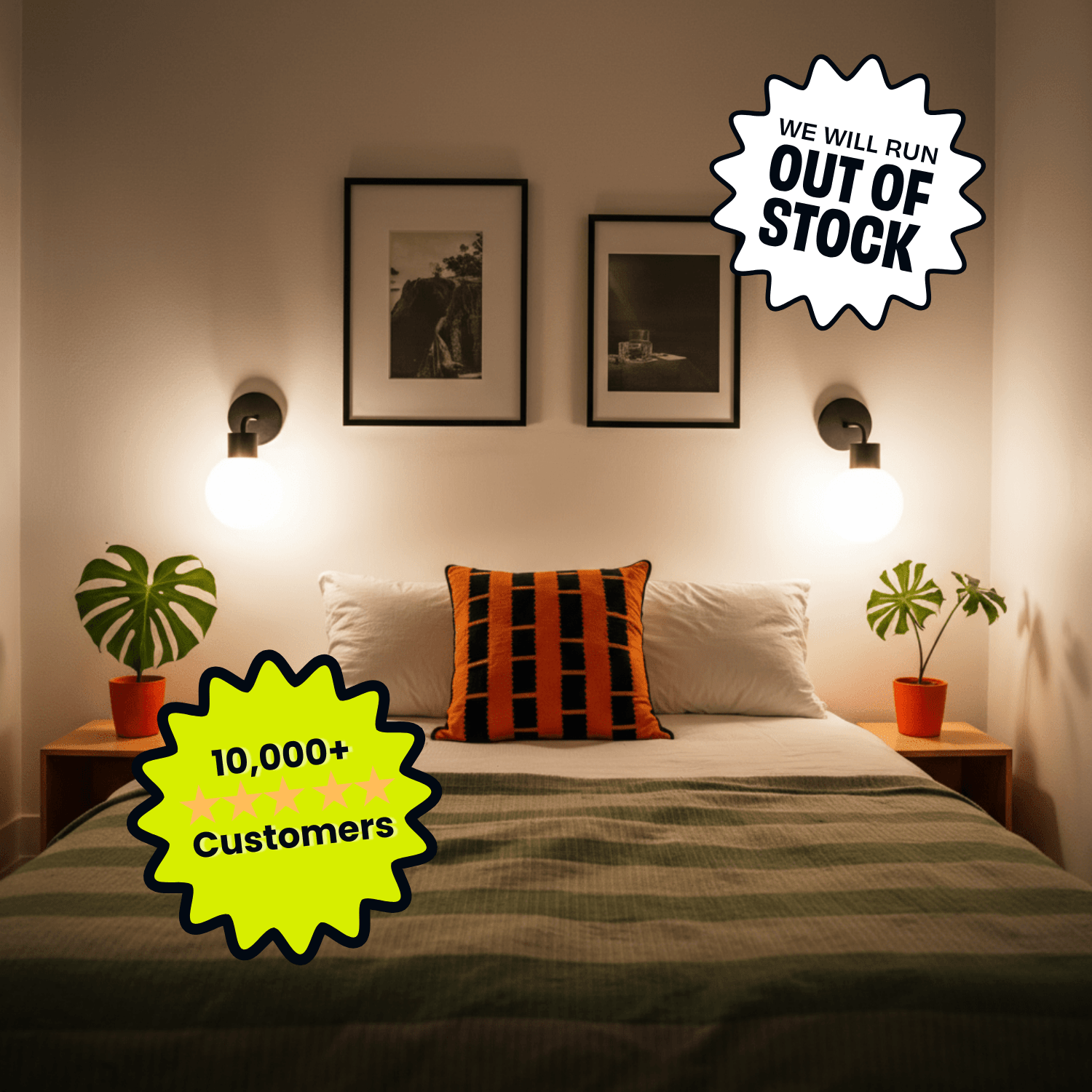 A beige-walled bedroom with a striped accent pillow, two framed photos above, illuminated with Black Poplight wall sconces, and a text graphics overlay reading "WE WILL RUN OUT OF STOCK" and "10,000+ ⭐⭐⭐⭐⭐ customers."