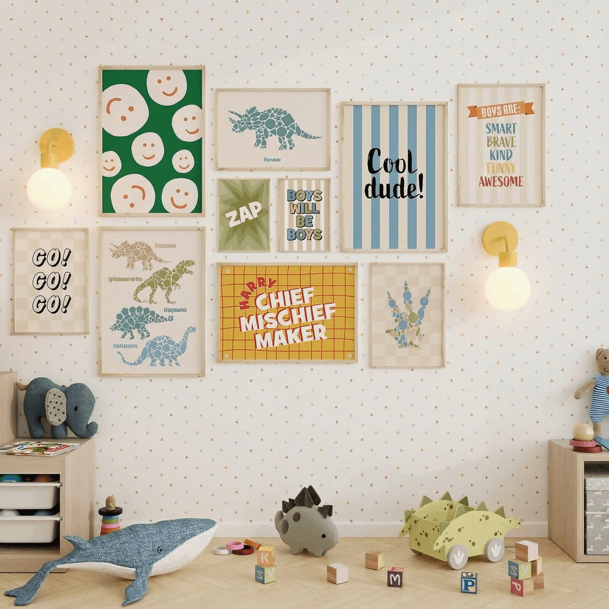 Kids play room with some framed wall art decor and two marigold wall light sconces