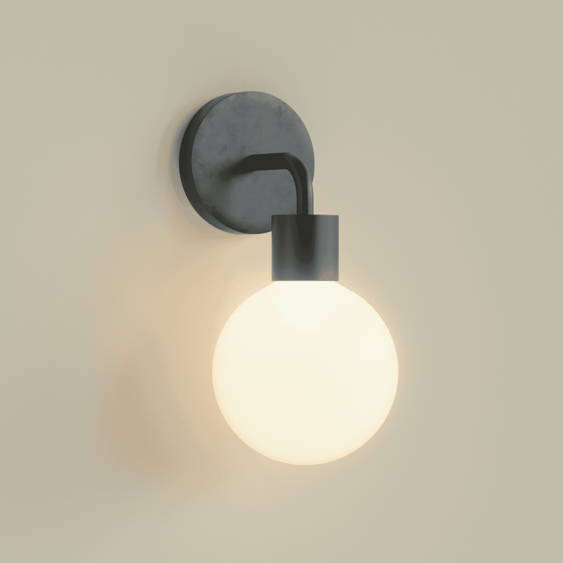 Matte black wall light with round glass bulb, perfect for customizable ambient lighting. Easy to install and rechargeable.