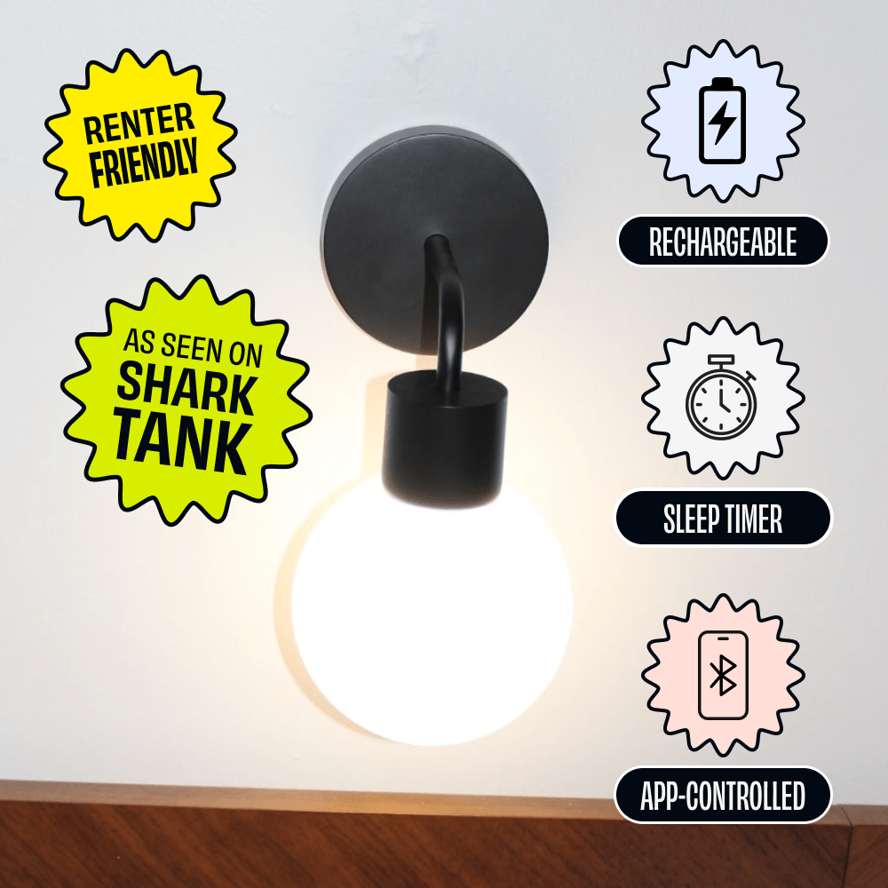 Matte Black Poplight rechargeable sconce mounted above a modern wooden headboard with feature badges highlighting &