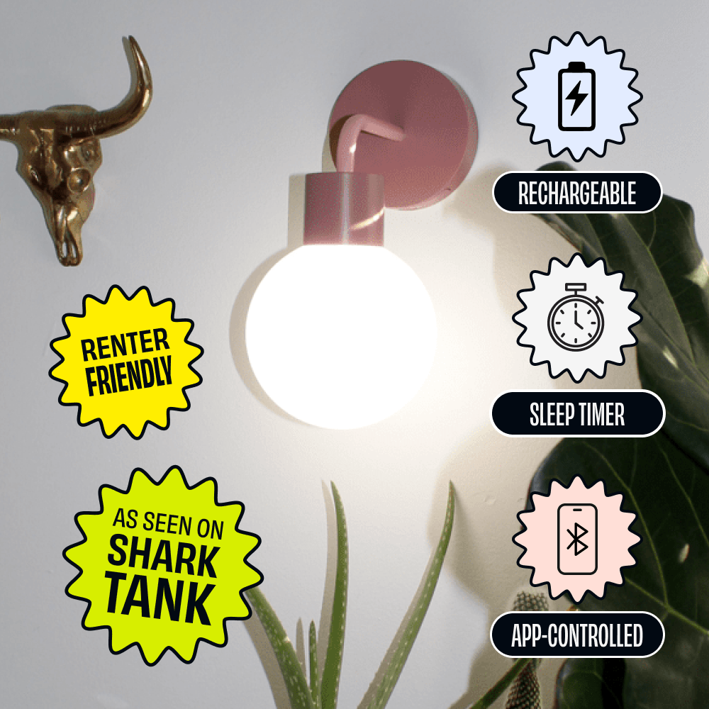 Dusty Rose Poplight rechargeable sconce mounted beside a bull horn decor with with feature badges highlighting &