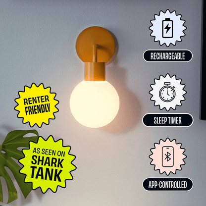 Marigold Poplight rechargeable sconce with with feature badges highlighting &