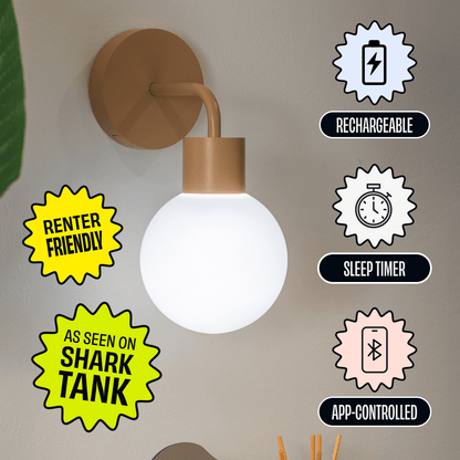 Mushroom rechargeable sconce mounted against a neutral wall with feature badges highlighting &