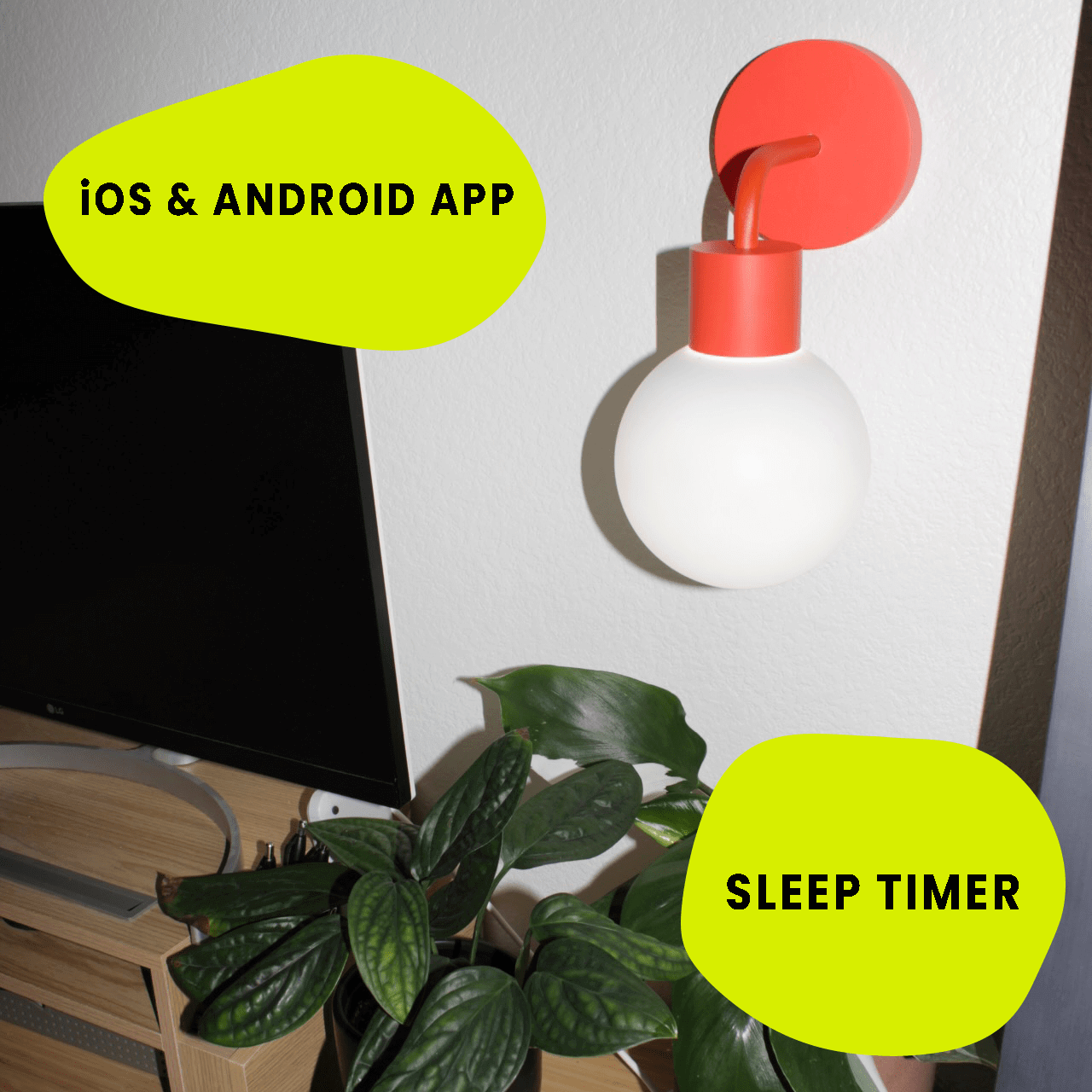 Vermillion Red Poplight on wall, featuring convenient iOS &amp; Android app control and sleep timer for customizable lighting.