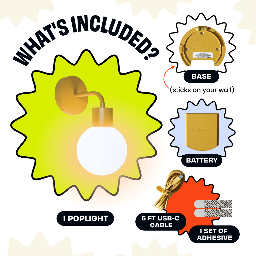 The MArigold Poplight includes a wall base, battery pack, USB-C cable, and adhesive strips.