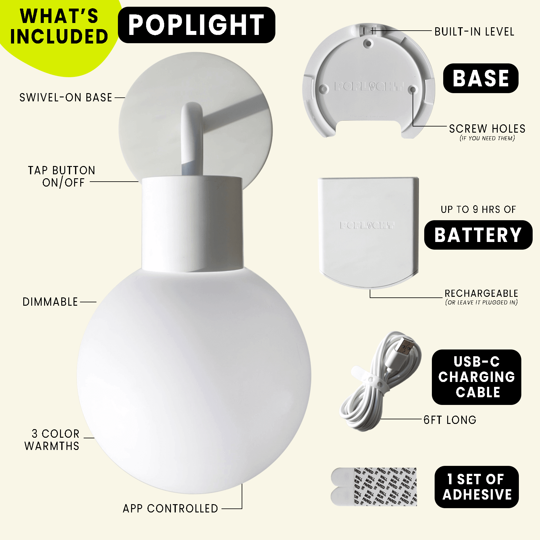 White Poplight with rechargeable battery, dimmable settings, USB-C cable, adhesive, and base included. Stick-on wall lighting.