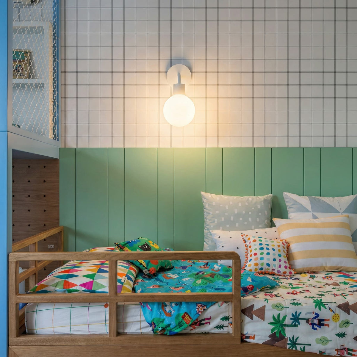Kids bedroom with white rechargeable wall light sconce as wall accent