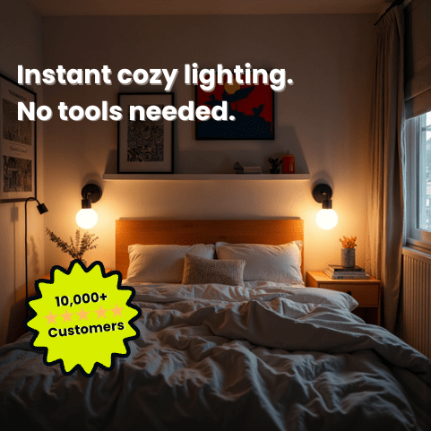Cozy bedroom with warm ambient lighting from two Black Poplight, with text overlay reading &